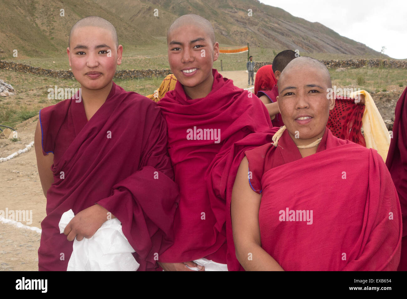 Himalayan Buddhist nuns outside the Sherab Choeling Nunnery, Spiti Valley, Himachal Pradesh, India. Stock Photo