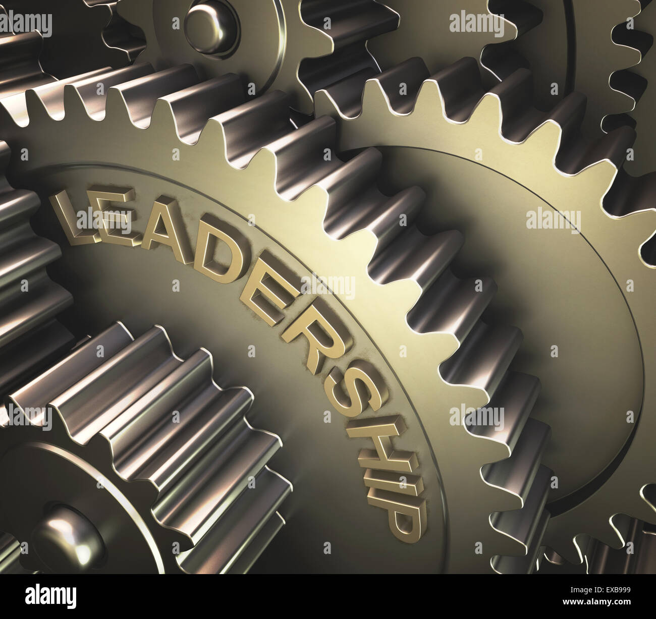 Set of gears with the word leadership printed on the side. Stock Photo