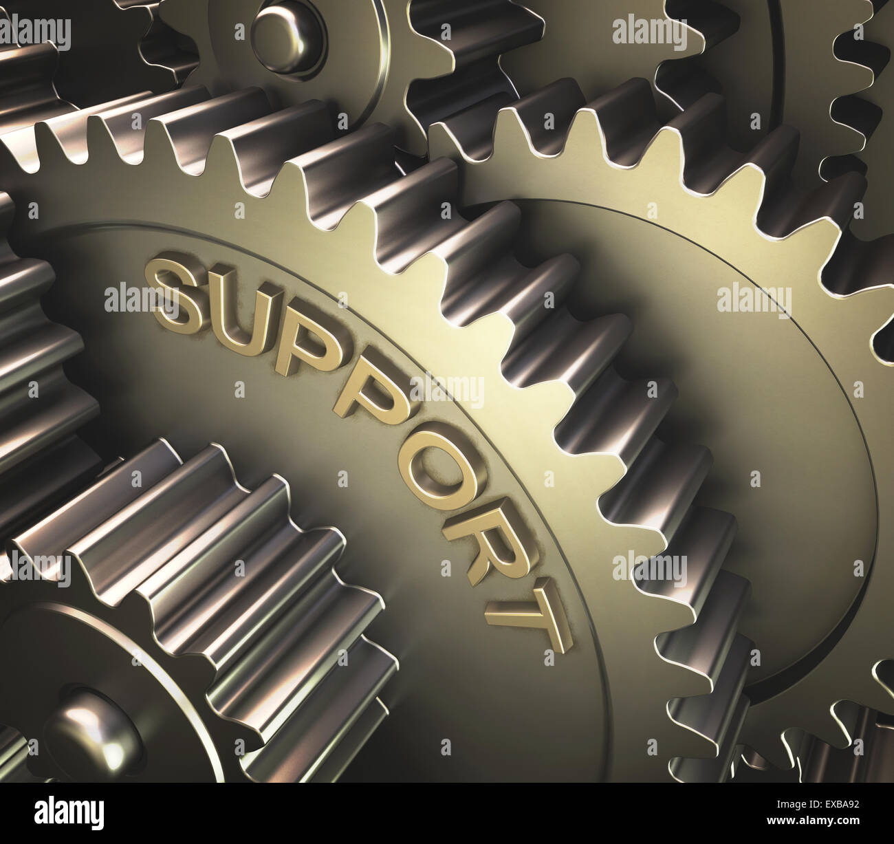 Set of gears with the word support printed on the side. Stock Photo