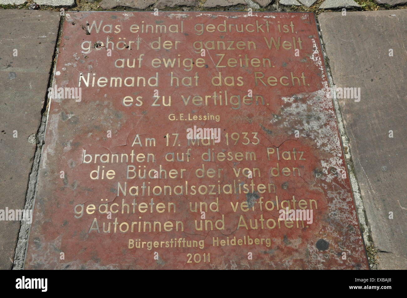 Plaque remembering the book burning in Heidelberg 1933 Stock Photo