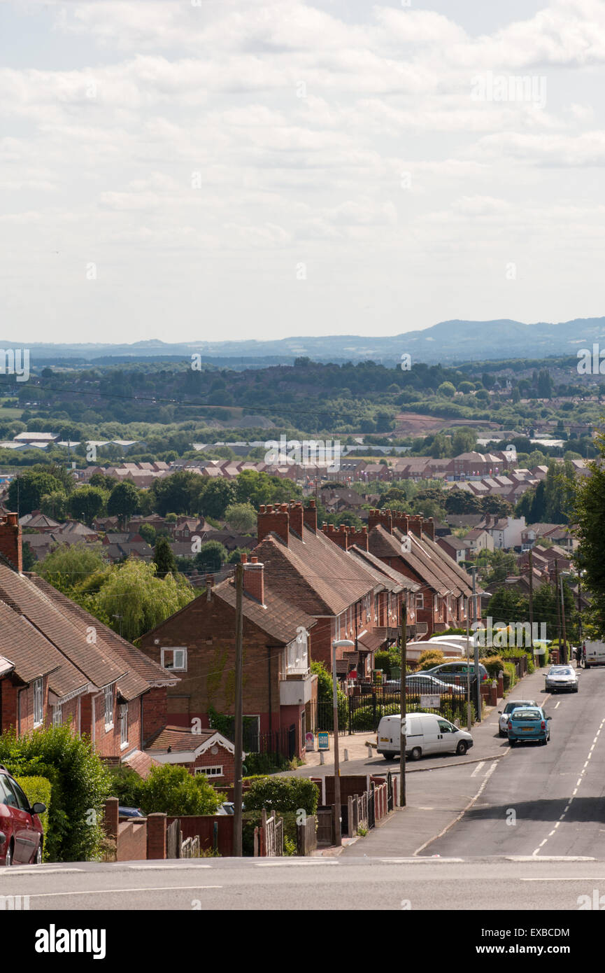 View of an urban sprawl in Dudley with rows of council houses along an