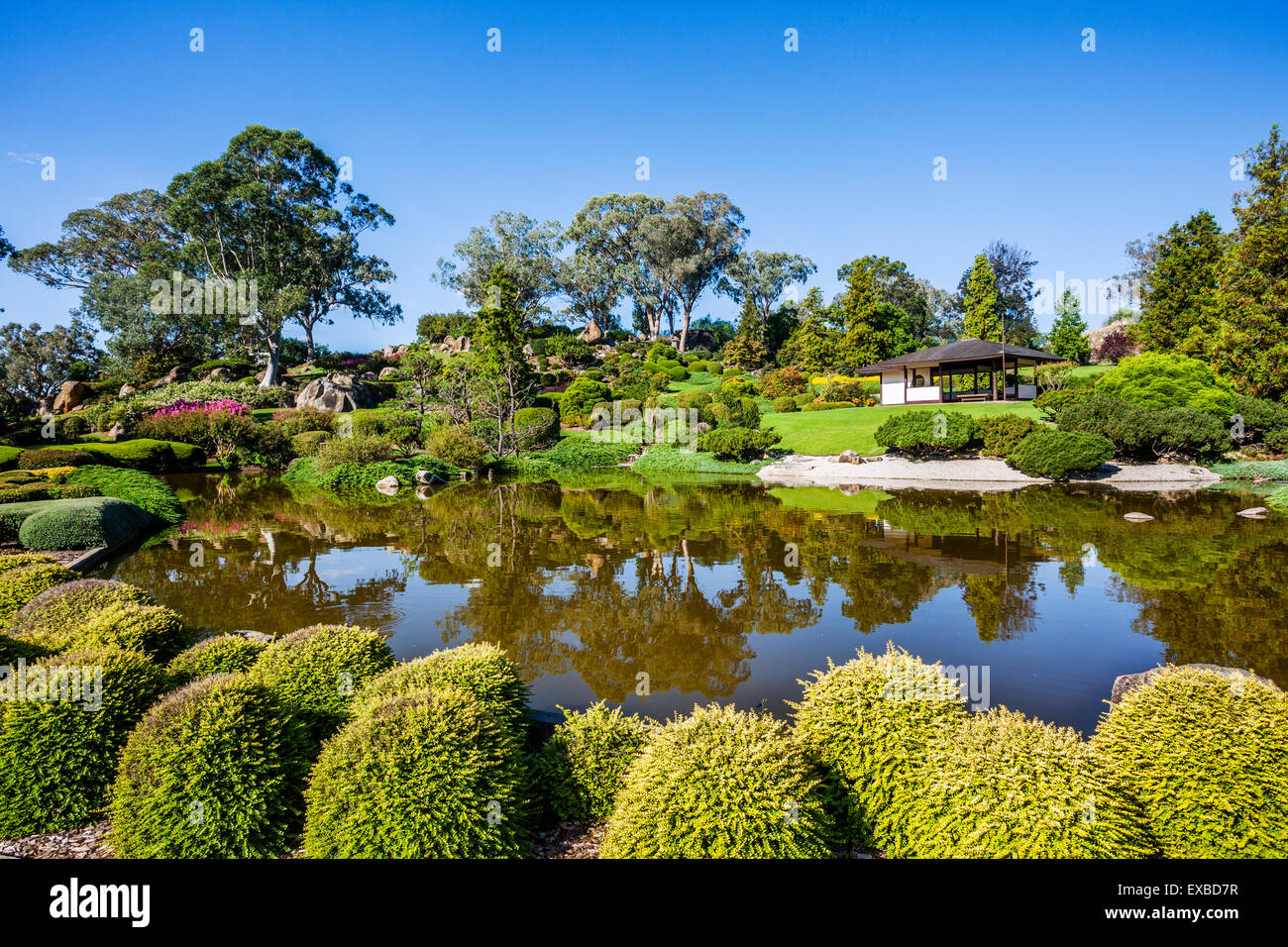 Australia, New South Wales, Central West Region, lake and tea house at the Cowra Japanese Garden Stock Photo