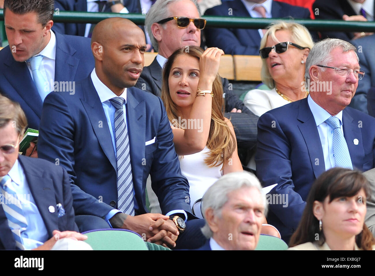 Wimbledon, UK. 10th July, 2015. The Wimbledon Tennis Championships. Gentlemens Singles Semi-Final match between third seed Andy Murray (GBR) and second seed Roger Federer (SUI). Andrea Rajacic and Thierry Henry watch play Credit:  Action Plus Sports/Alamy Live News Stock Photo