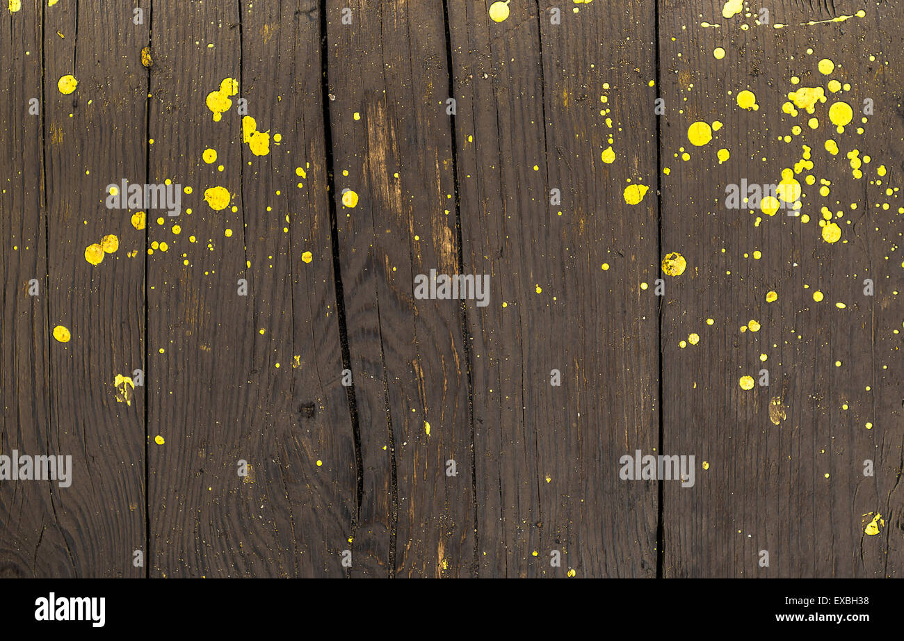 Many yellow paint splats on damp wet wood Stock Photo Alamy