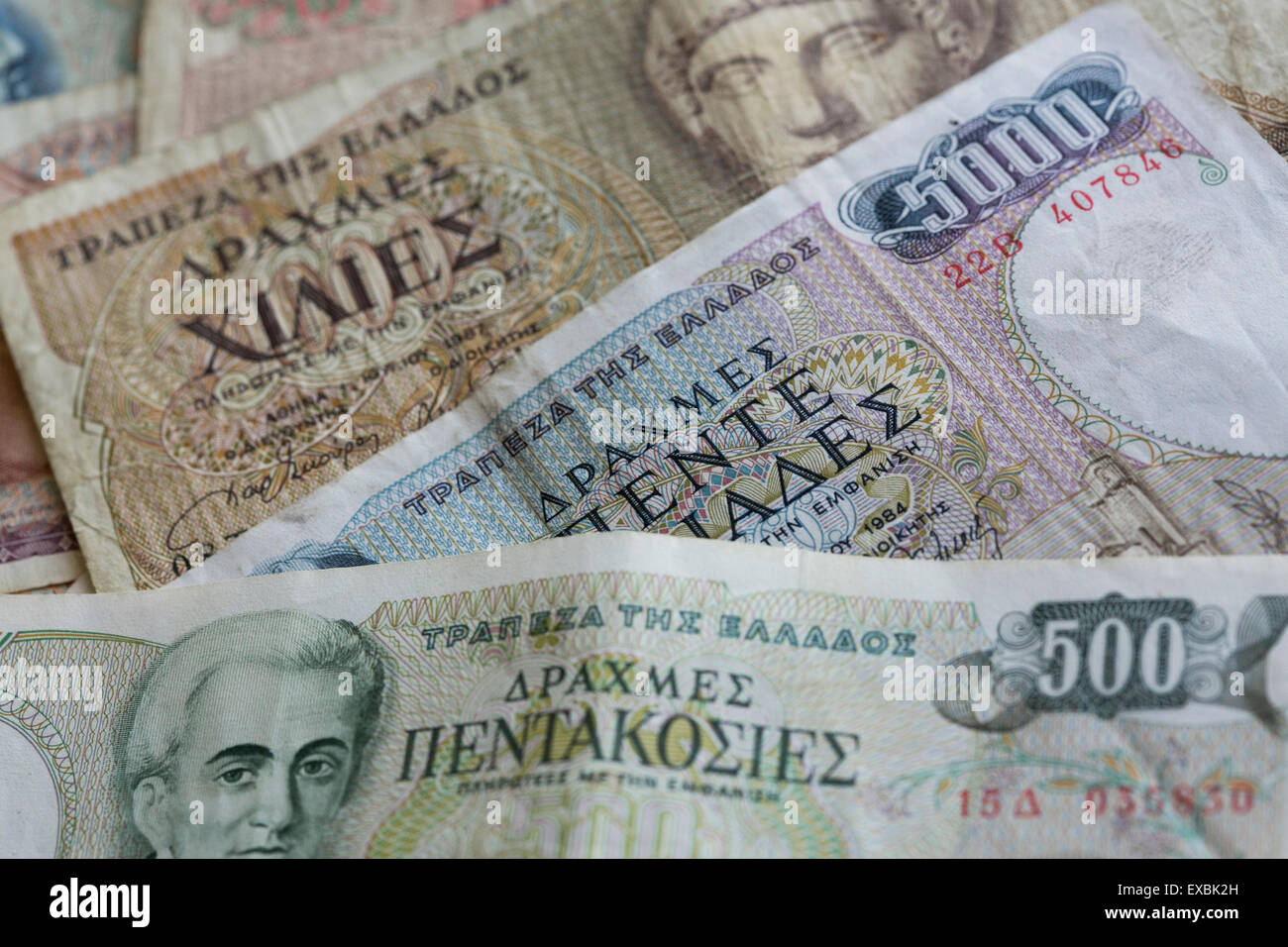 An arranged photo showing obsolete Greek Drachma currency notes in from the pre-Euro currency era. Stock Photo