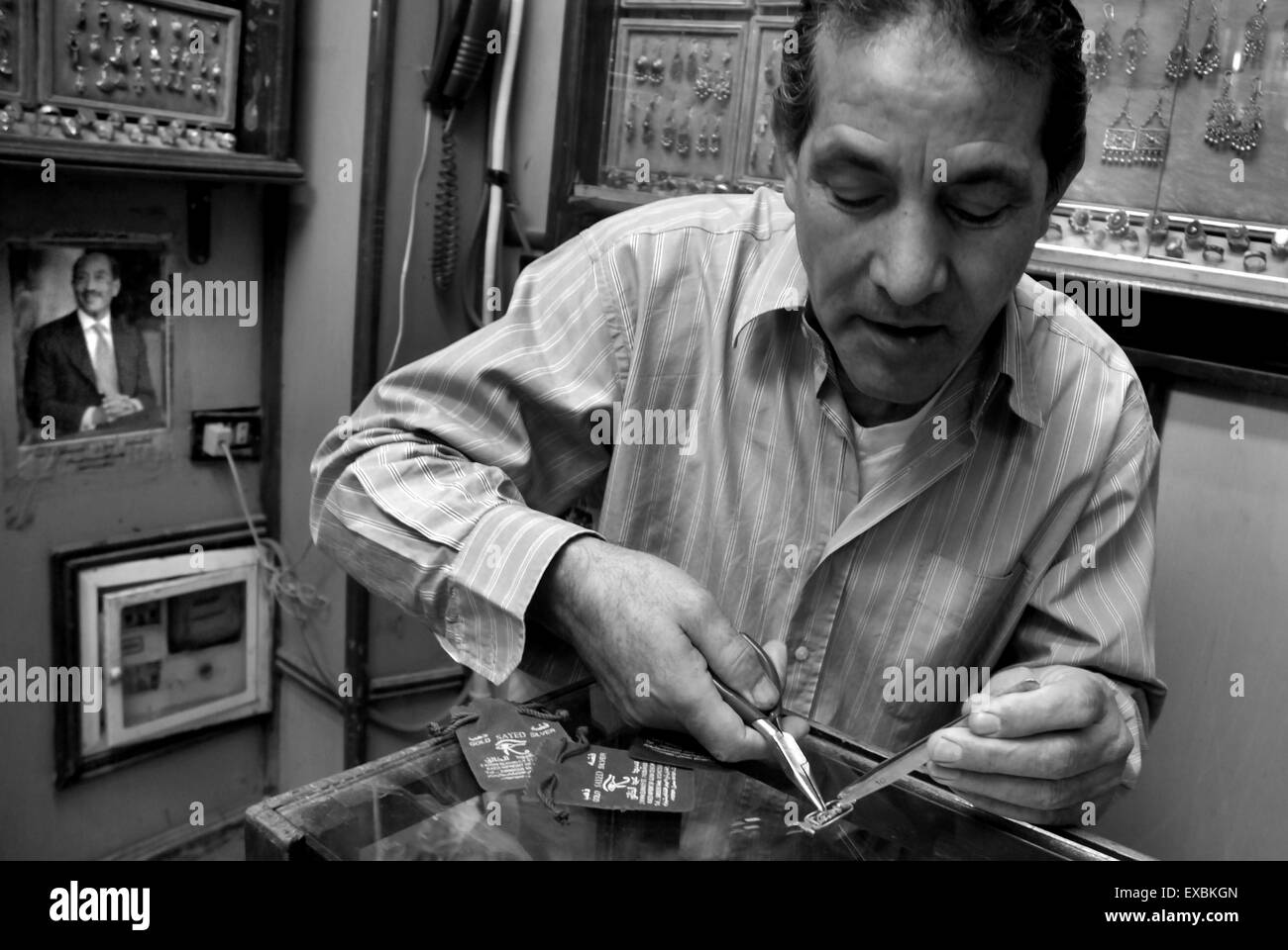 Silversmith, Khan El Khalili Bazaar, Cairo Stock Photo