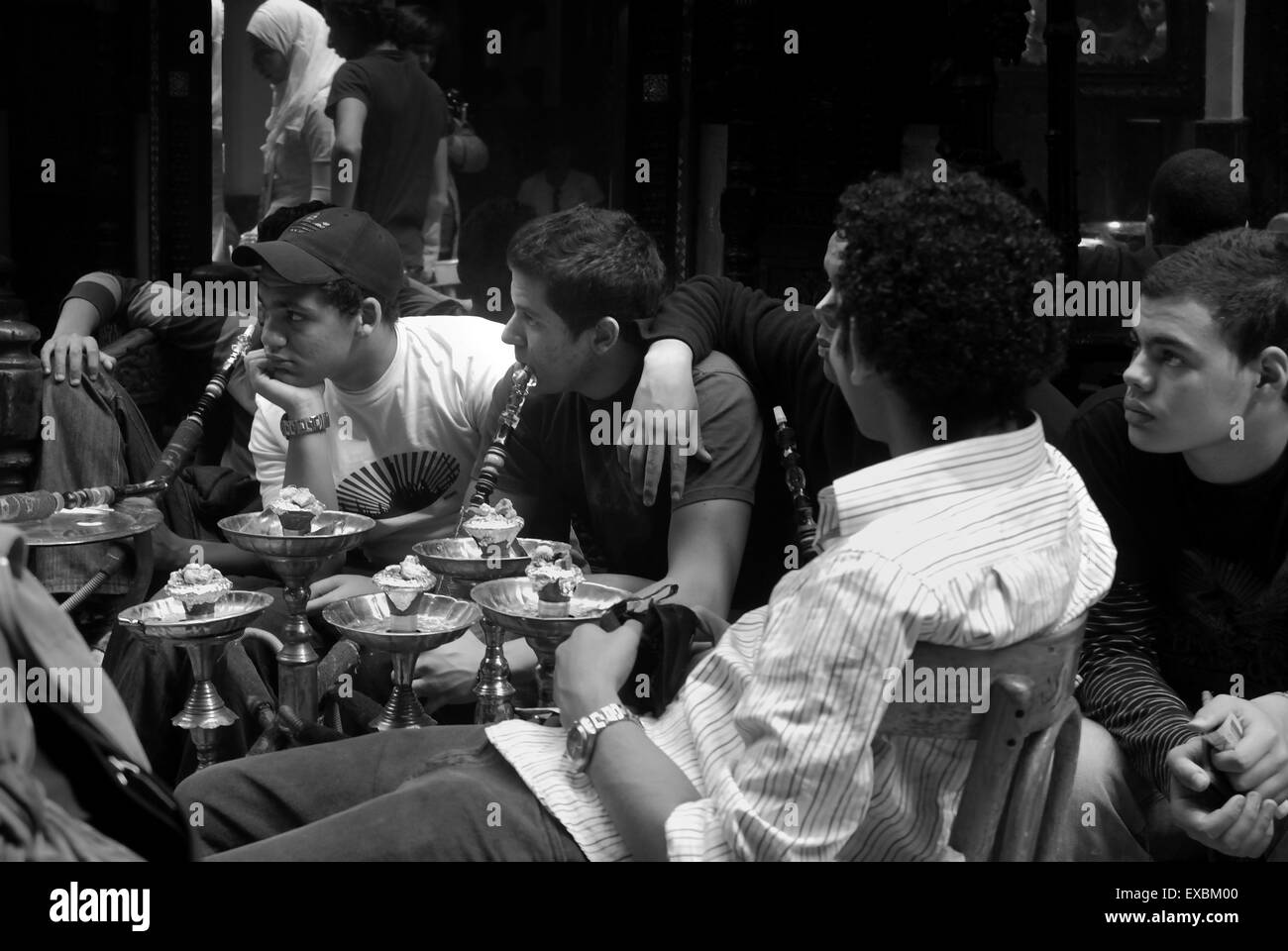 Youths at cafe, Khan El Khalili Bazaar, Cairo Stock Photo