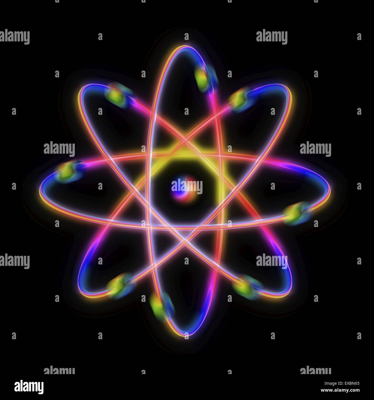 Atomic structure. Conceptual computer artwork representing the structure of an atom. Eight electrons are seen orbiting the Stock Photo