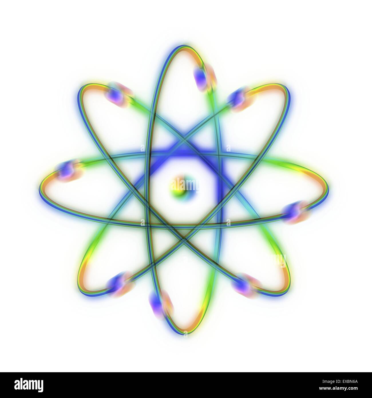 Atomic structure. Conceptual computer artwork representing the structure of an atom. Eight electrons are seen orbiting the Stock Photo