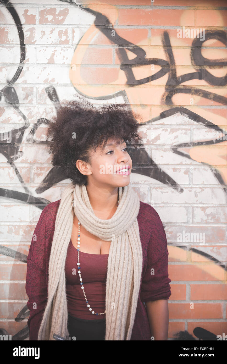 Beautiful Black Curly Hair African Woman In Town Stock Photo