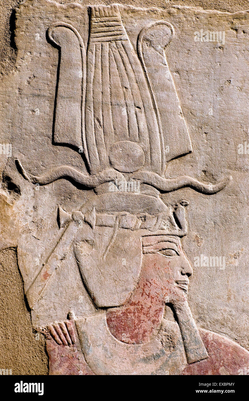 Luxor, Karnak, Egypt.Temple of Karnak sacred to god Amon: the king wearing the atef crown Stock Photo