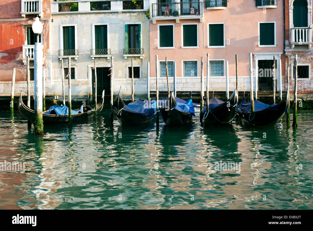 Moored gondolas at grand canal in venice italy hi-res stock photography ...