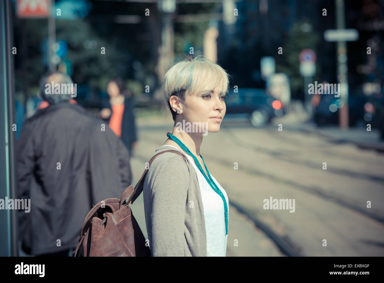 Beautiful Young Blonde Short Hair Hipster Woman In The City Stock