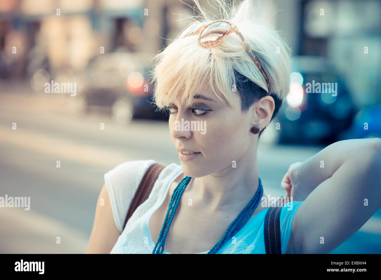 Beautiful Young Blonde Short Hair Hipster Woman In The City Stock