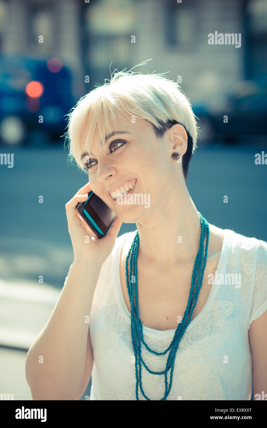 Beautiful Young Blonde Short Hair Hipster Woman In The City Stock