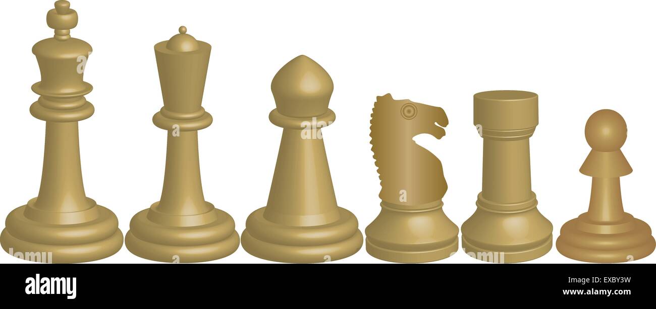 A Vector image of White Chess Pieces King Queen Bishop Knight Rook and Pawn isolated on white Stock Vector