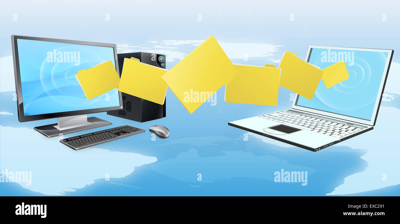 Computer phone file transfer sync concept of files or folders moving between a desktop computer and laptop Stock Photo