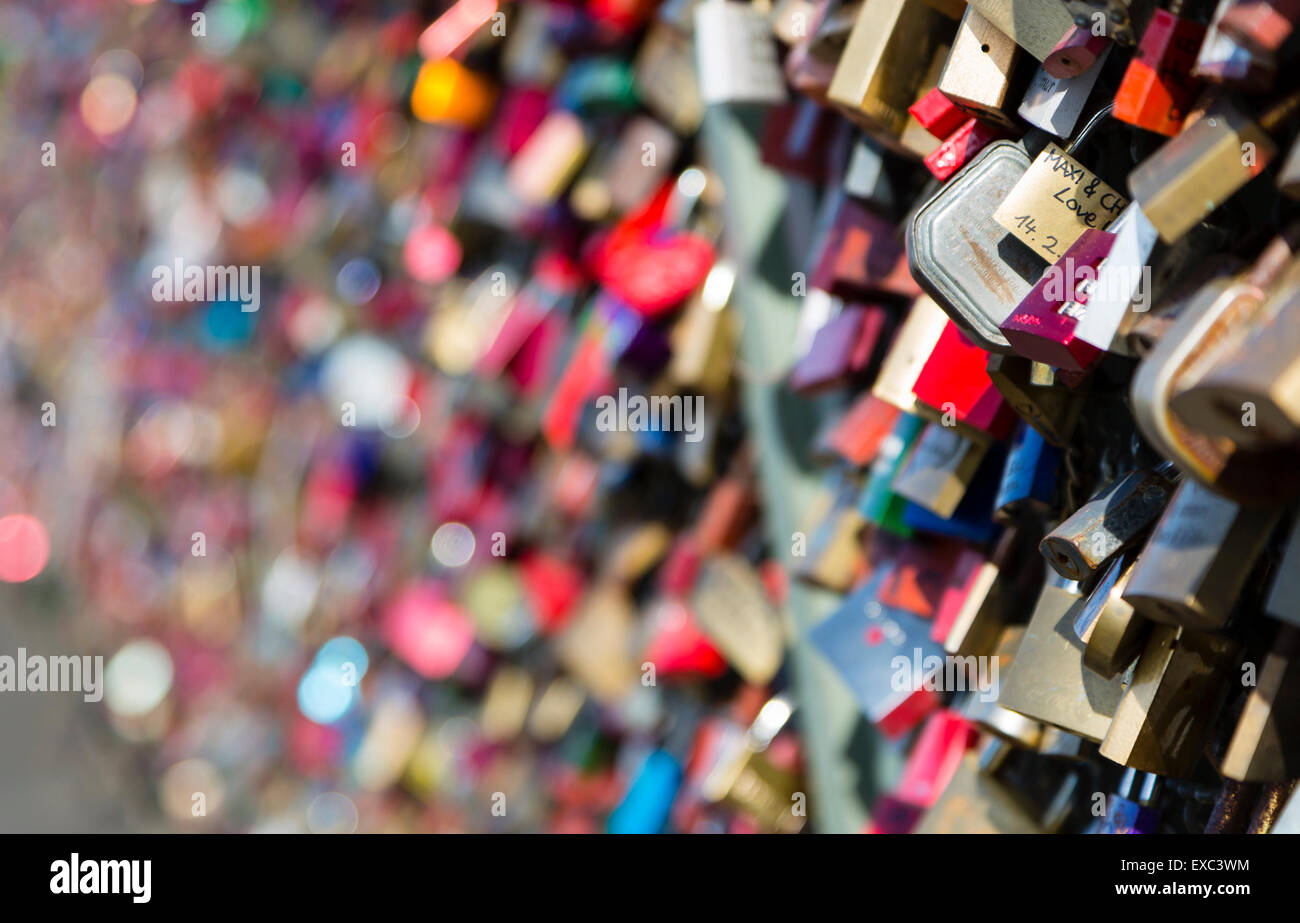 Detail view of love locks on the Hohenzollern Bridge in Cologne, Germany Stock Photo