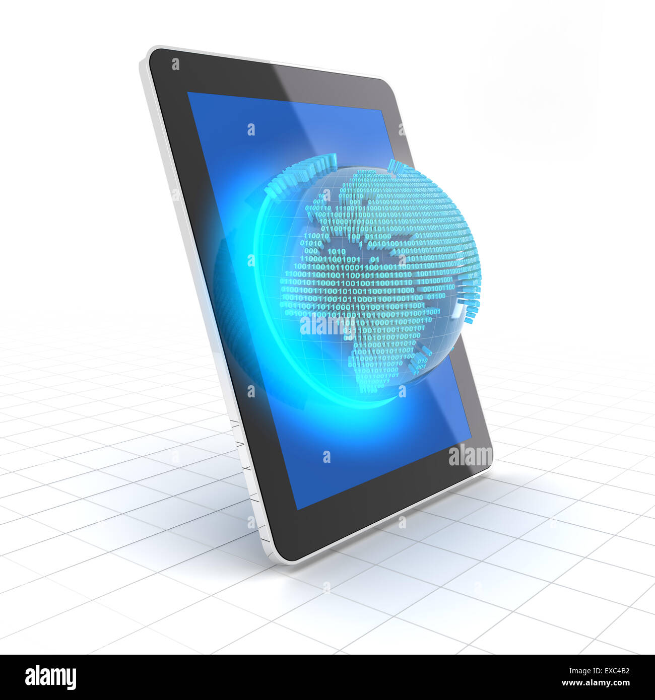 Globe with binary code emerging from a tablet Stock Photo