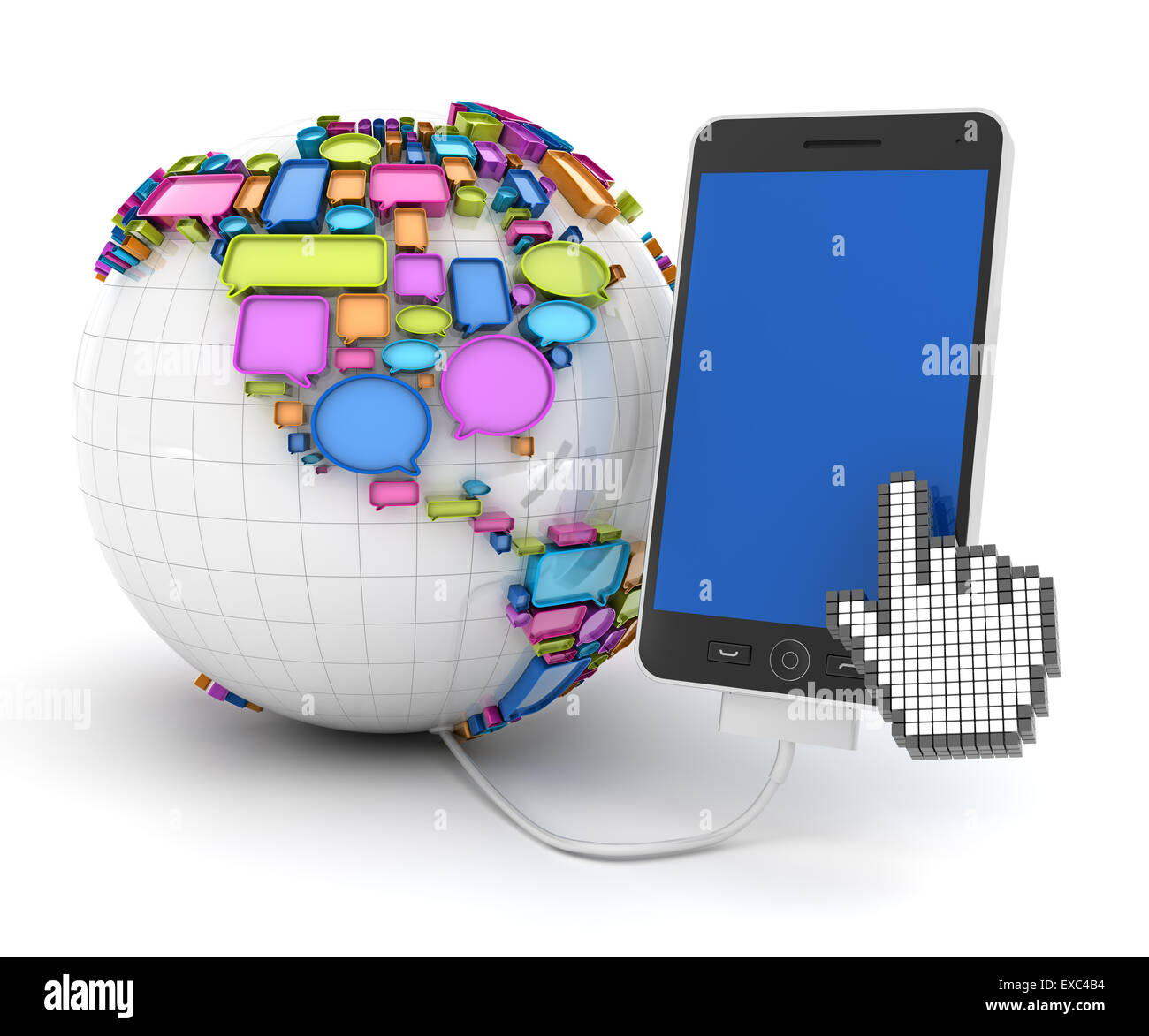 Smartphone connected to globe with speech bubbles Stock Photo