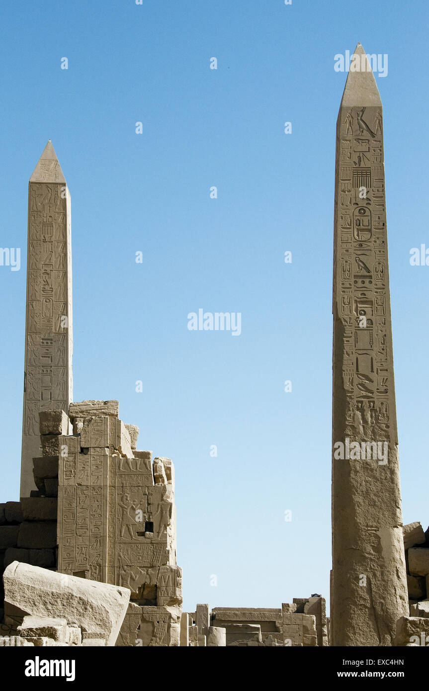 Karnak, Luxor, Egypt. Temple of Karnak sacred to god Amon: obelisks of the pharaoh Hatshepsut and Tuthmosis I Stock Photo
