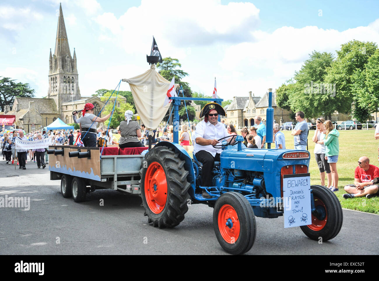 Witney, Oxfordshire, UK. 11th July, 2015.   The annual carnival through the streets of the Prime Minister's constituency of Witney was a themed event with the this year's theme being that of pirates and the sea. Given that this is one of the the most landlocked places in England this is a surprising and innovative theme for the famous Wool town to have.  Credit:  Desmond Brambley/Alamy Live News Stock Photo