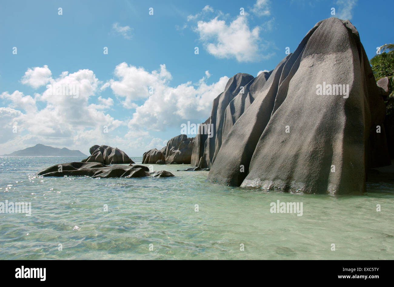 Rocky coast of the Indian Ocean, Praslin island, Seychelles Stock Photo ...