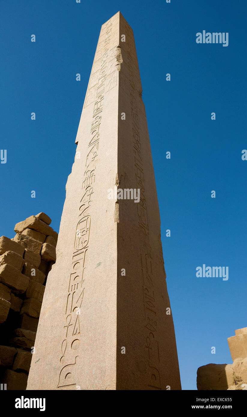 Karnak, Luxor, Egypt. Temple of Karnak sacred to god Amon: obelisks of the pharaoh Hatshepsut or Maatkara Stock Photo