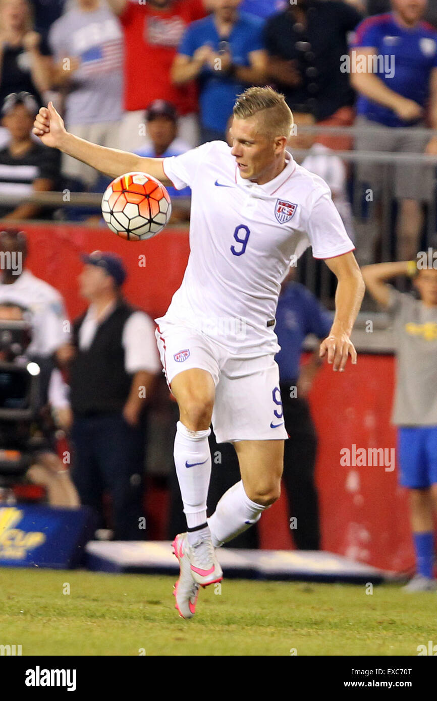 July 10, 2015; Foxborough, MA, USA; United States forward Aron Johannsson (9) in action during the first half of the CONCACAF Gold Cup match between Haiti and the United States at Gillette Stadium. USA defeated Haiti 1-0. Anthony Nesmith/Cal Sport Media Stock Photo