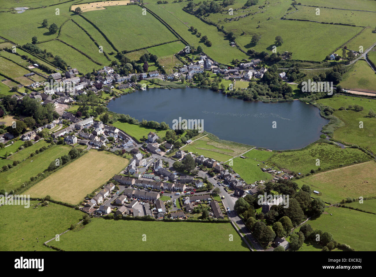aerial view of the Cumbrian village of Great Urswick, Cumbria, UK Stock Photo