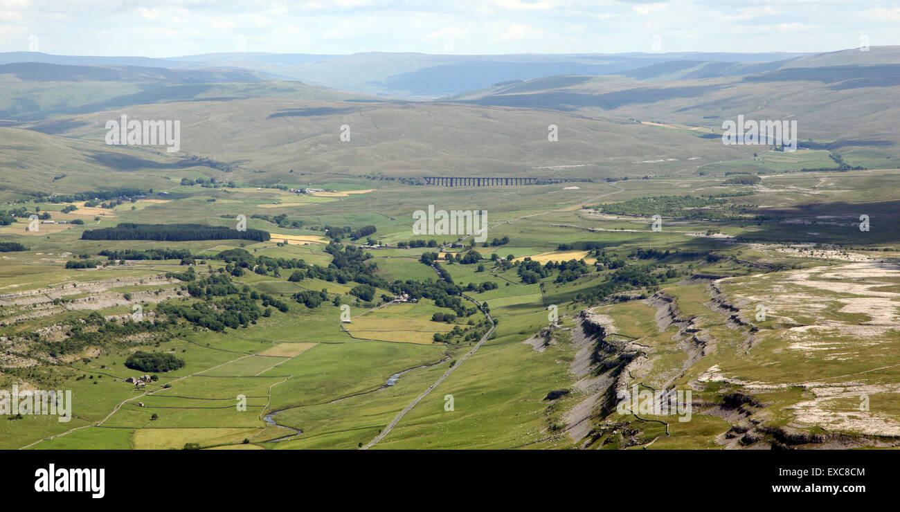 aerial view of Ribblehead Viaduct (in the distance there!) on the Settle to Carlisle railway route, UK Stock Photo