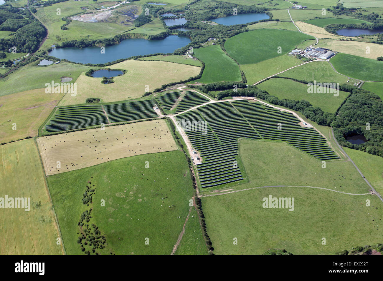aerial view of a solar farm in Cumbria, UK Stock Photo