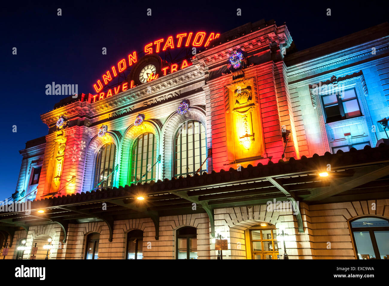 Union Station decorated with Christmas lights, Denver, Colorado USA