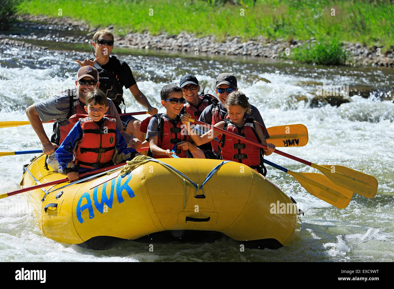 White water rafters on Roaring Fork River, near Basalt and Aspen, Colorado USA Stock Photo
