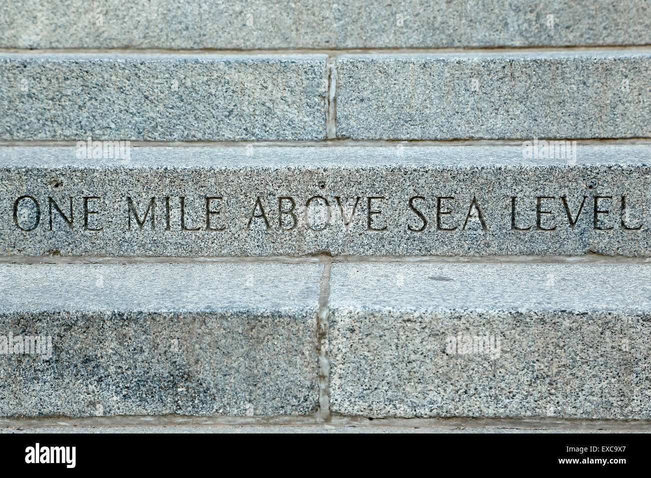 'One Mile Above Sea Level' marker, steps of State of Colorado Capitol Building, Denver, Colorado USA Stock Photo