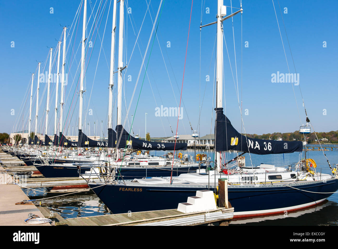US Navy 44 foot sail training craft (Navy 44s) docked in Santee Basin at the US Naval Academy in Annapolis, Maryland. Stock Photo