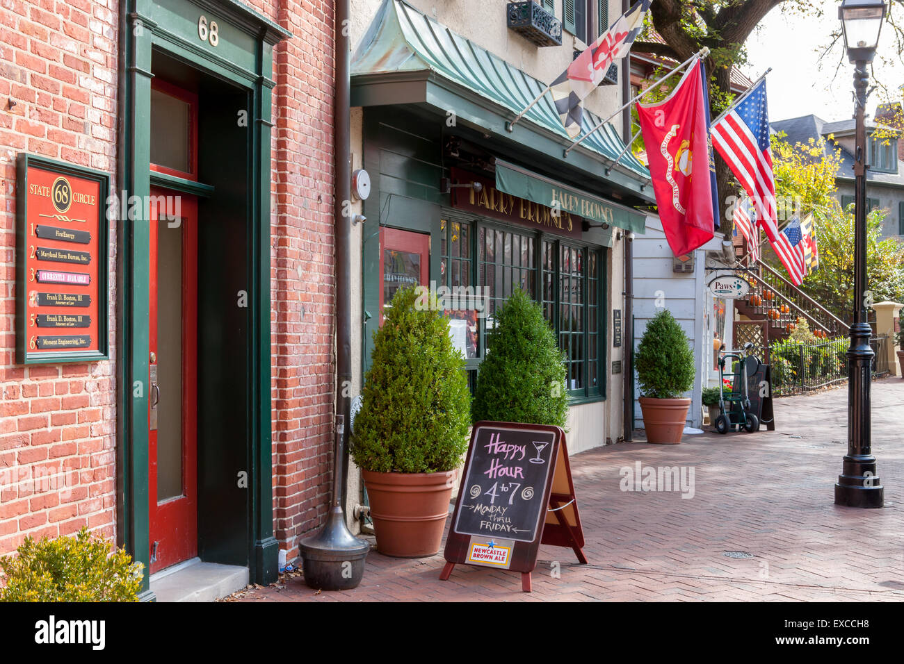 Facades with flags on State Circle in Annapolis, Maryland. Stock Photo