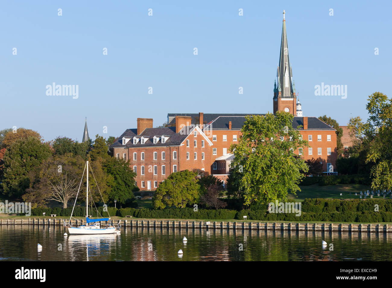 The historic Charles Carroll House and St. Mary's Roman Catholic Church on Spa Creek in Annapolis, Maryland. Stock Photo