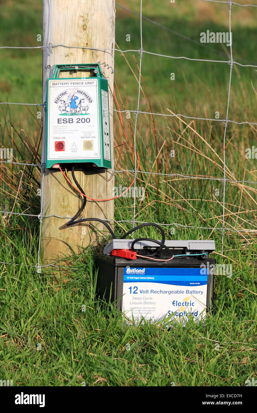 Battery-operated electric fence in the Scottish Highlands Stock Photo