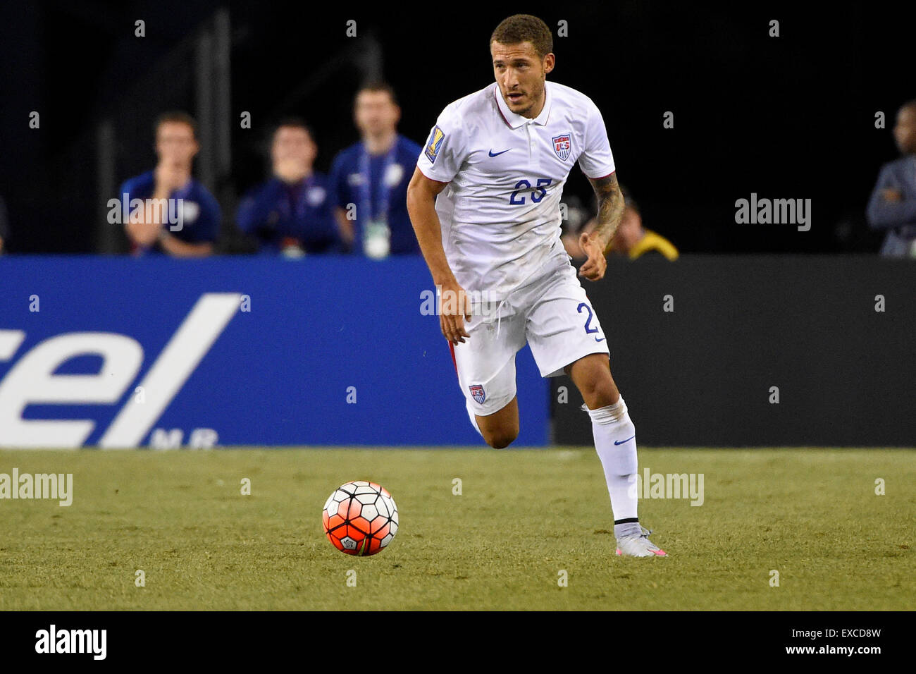 Foxborough, Massachusetts, USA. 10th July, 2015. United States defender Fabian Johnson (23) in game action during the CONCACAF Gold Cup group stage match between USA and Haiti held at Gillette Stadium, in Foxborough Massachusetts. USA defeated Haiti 1-0. Eric Canha/CSM/Alamy Live News Stock Photo