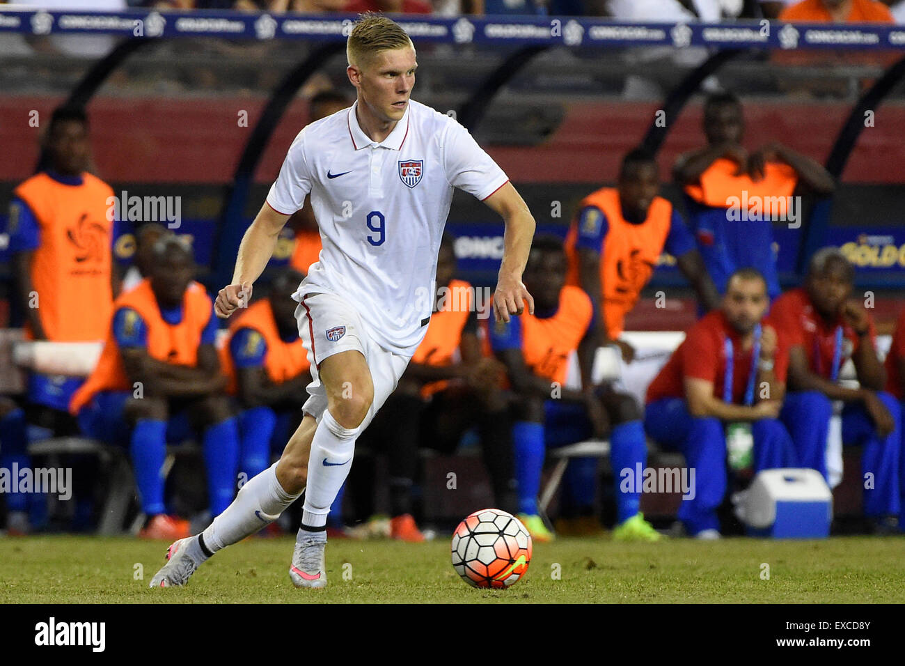 Foxborough, Massachusetts, USA. 10th July, 2015. United States forward Aron Johannsson (9) in game action during the CONCACAF Gold Cup group stage match between USA and Haiti held at Gillette Stadium, in Foxborough Massachusetts. USA defeated Haiti 1-0. Eric Canha/CSM/Alamy Live News Stock Photo