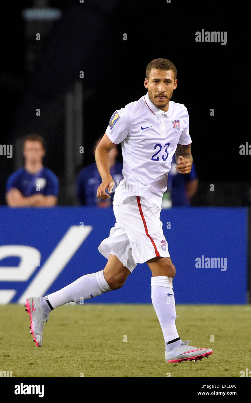 Foxborough, Massachusetts, USA. 10th July, 2015. United States defender Fabian Johnson (23) in game action during the CONCACAF Gold Cup group stage match between USA and Haiti held at Gillette Stadium, in Foxborough Massachusetts. USA defeated Haiti 1-0. Eric Canha/CSM/Alamy Live News Stock Photo