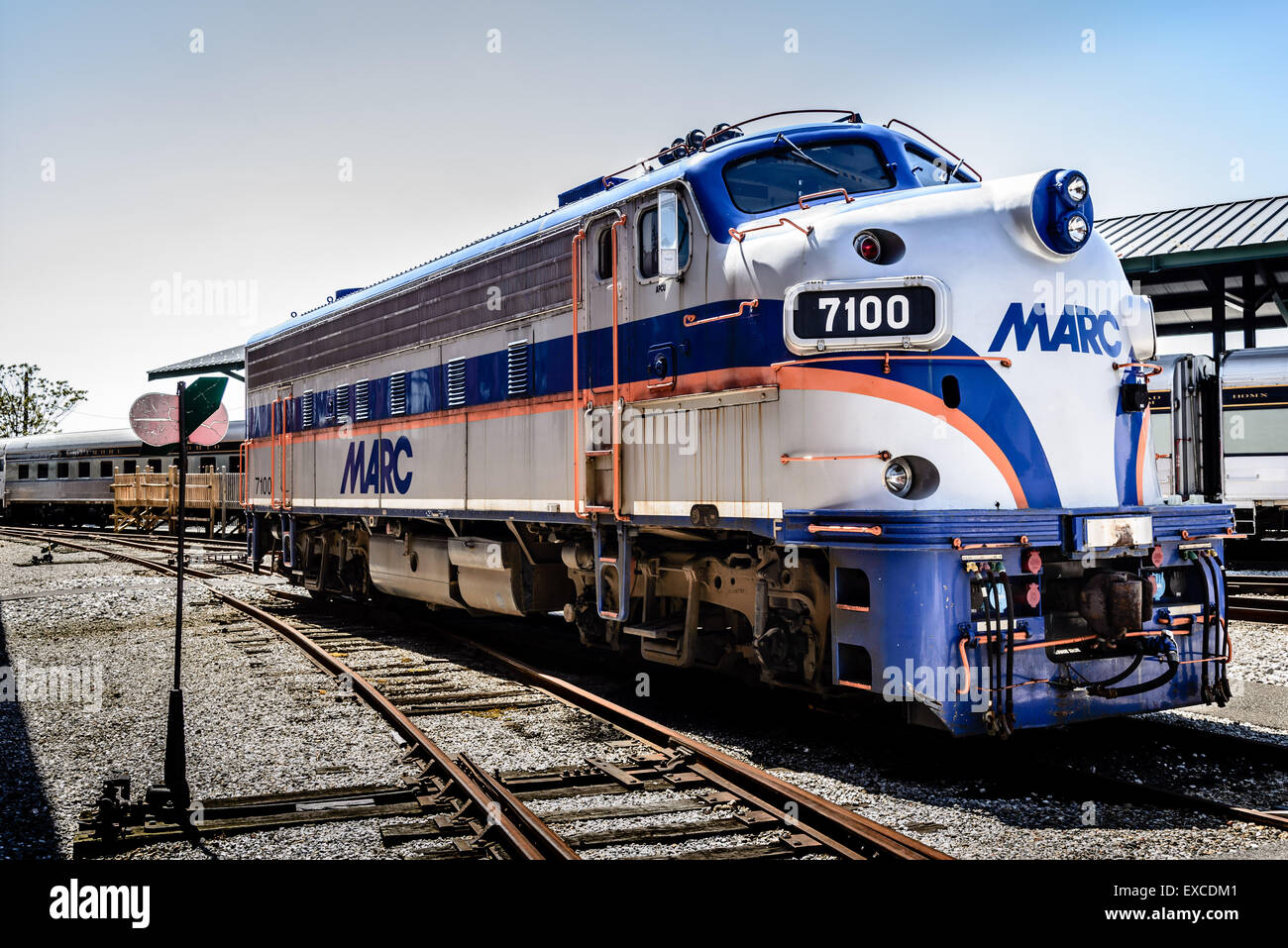 MARC F7 A-unit No 7100, Baltimore & Ohio Railroad Museum, 901 West Pratt Street, Baltimore, MD Stock Photo