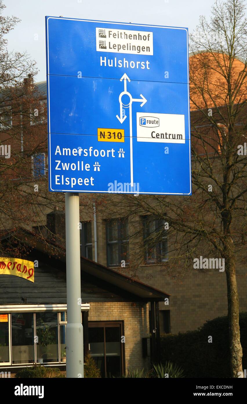 Traffic information sign on a main street in the town of Nunspeet Central Holland Gelderland Netherlands NL 2014 Stock Photo