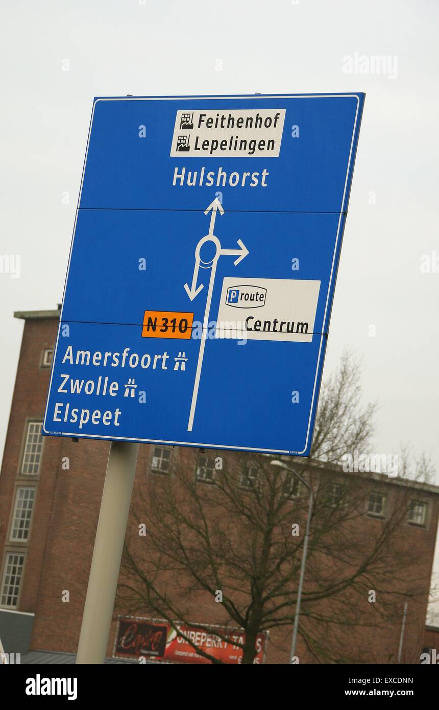 Traffic information sign on a main street in the town of Nunspeet Central Holland Gelderland Netherlands NL 2014 Stock Photo