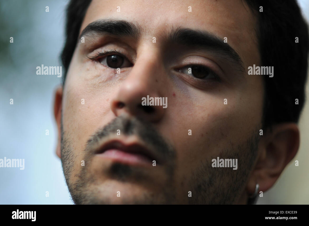 Nicola Tanno, Italian, one of those affected by the use of rubber bullets at the place where he was shot, the Frankfurt Mas located next to Plaza Spain in Barcelona. Spain. He lost an eye. Police violence. Dangerous weapons. Stock Photo