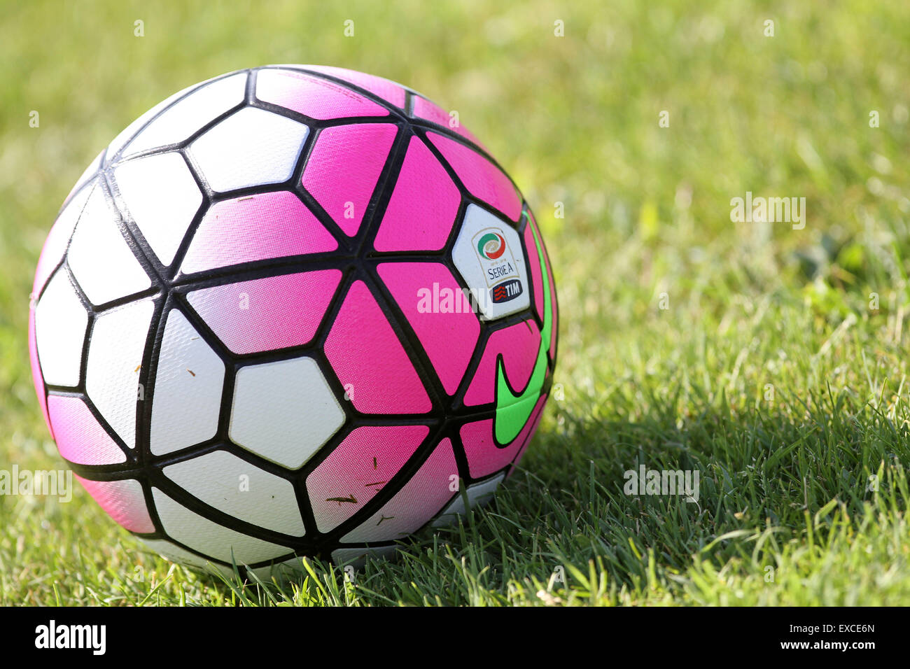 Udine, Italy. 11th July, 2015. The new ball of the Italian Serie A season  2015-2016 used during a training session of Udinese Calcio pre-season  2015-16 on Saturday 11 July, 2015 at Bruseschi