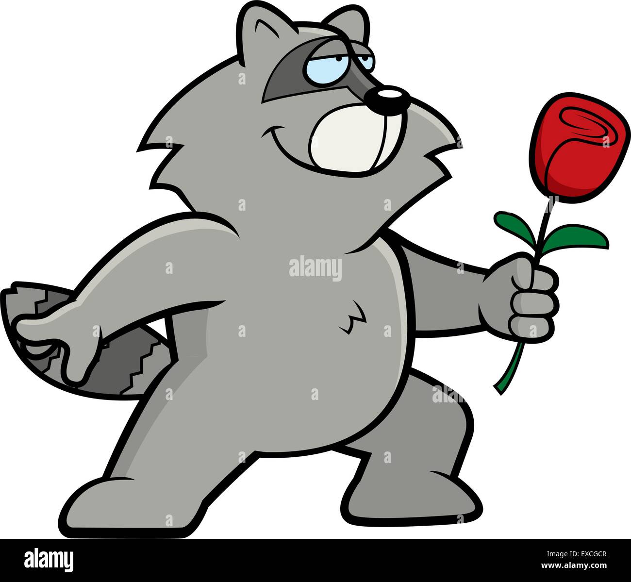 A happy cartoon raccoon with a flower. Stock Vector