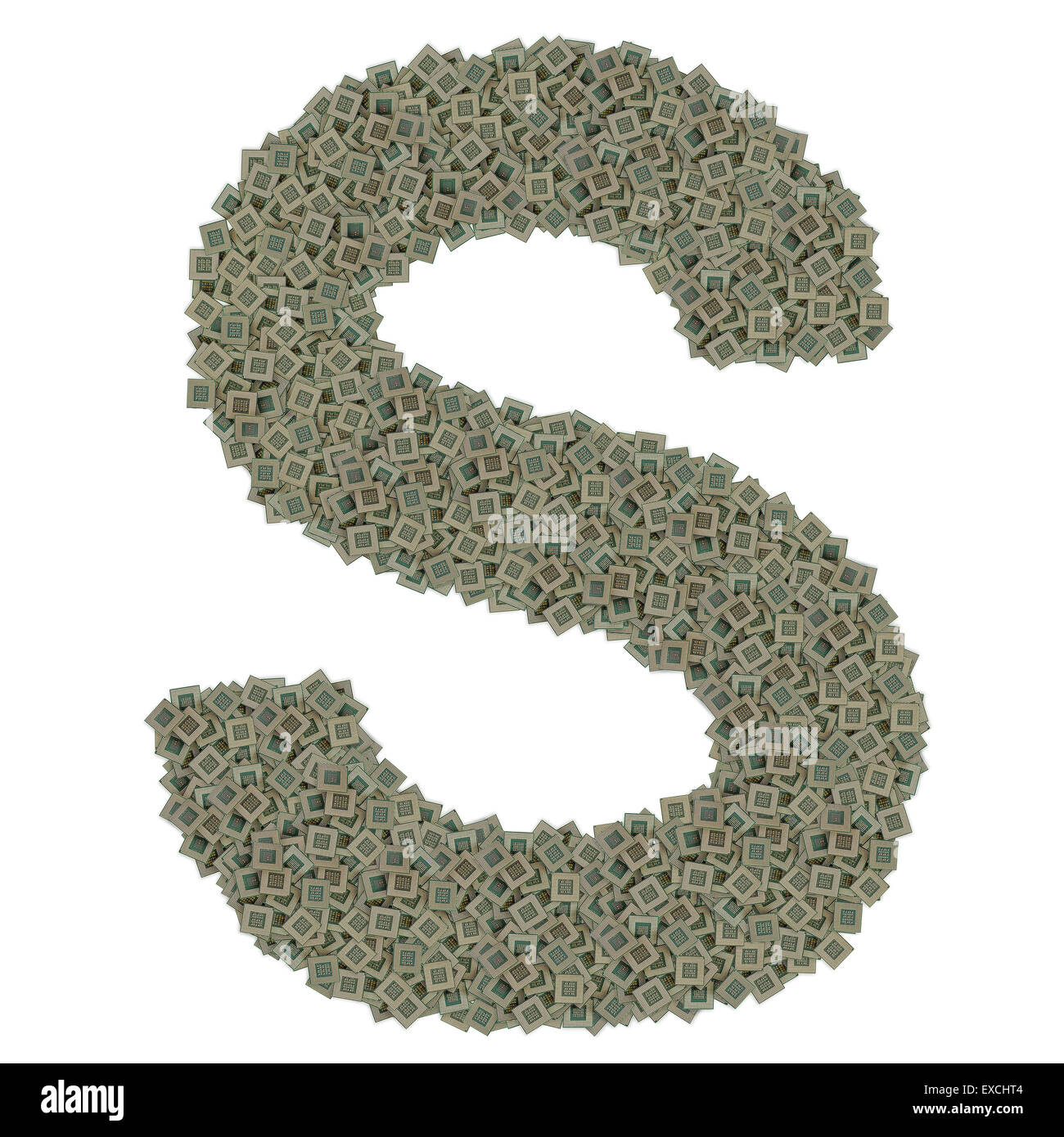 letter S made of old and dirty microprocessors, isolated on white background Stock Photo