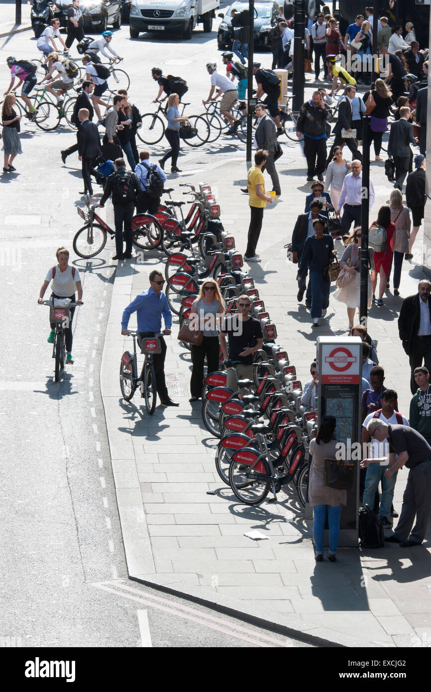 Queues for Santander branded Boris hire bikes London during London Underground tube strike Stock Photo